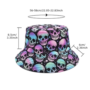 Skull print bucket hat with size chart showing head circumference and brim dimensions
