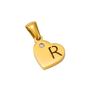 Close-up of golden heart pendant with engraved letter R and sparkling crystal inlay