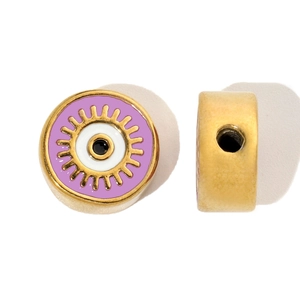 Macro view of purple evil eye charm bead with gold accents and side hole structure