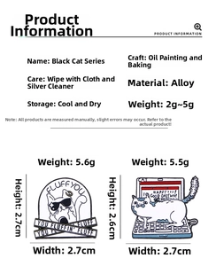 Detail view of cartoon cat enamel pins with dimensions and alloy material specifications
