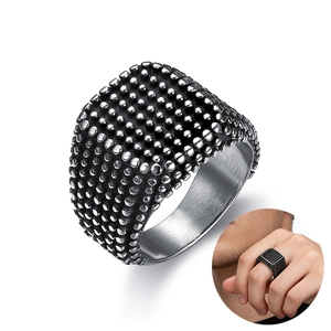 Bague De Motard Punk Pour Hommes Acier Inoxydable Vintage Noir Argent Texture Pointillée Industrielle Carrée Large