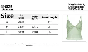 Size chart for V-neck lace camisole including bust, waist, and length measurements