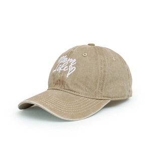 Detail of Mom Life embroidery and heart on a washed khaki cotton baseball cap