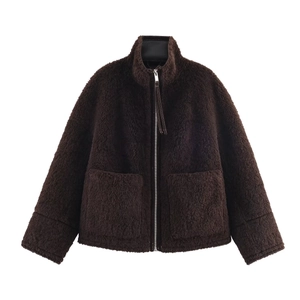 Women's dark brown faux fur jacket with full zipper, stand collar and two large pockets
