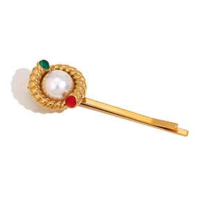18K gold plated stainless steel hair clip with pearl and colorful vintage stones