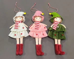Detail of handmade Christmas plush doll ornaments with starry hats and striped scarves