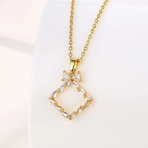 Stainless Steel Gold Plated Pendant Necklace With Bowknot Square Geometric Zircon Clavicle Chain For Women Elegant Chic