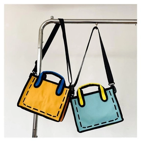 Detail view of colorful 2D cartoon canvas tote bags on a display stand