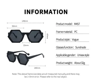Detailed size chart for polygon sunglasses showing frame width, height, and arm length