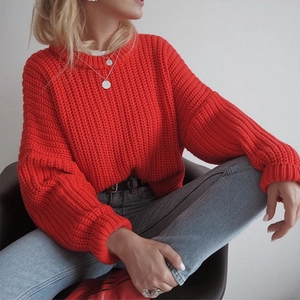 Chunky knit red crewneck sweater for women with puff sleeves and oversized fit style