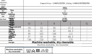 Detailed size chart for faux fur plush coat showing lengths and width measurements