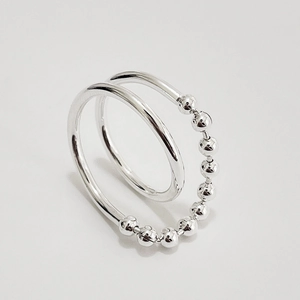 Minimalist S925 sterling silver double-layer ring with smooth and beaded metal bands