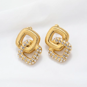 Stainless Steel Interlocking Double Ring Stud Earrings 18K Gold Plated Geometric Rhinestone Imitation Artificial Pearl Jewelry For Women