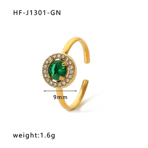Detail showing 9mm green gemstone ring with cubic zirconia halo and 1.6g gold plating