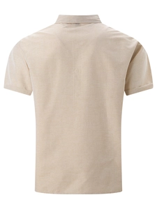 Vista posteriore camicia beige in lino a maniche corte con dettagli sulla trama