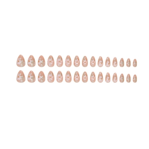 Faux ongles amande courts rose pêche translucide avec motifs floraux blancs délicats