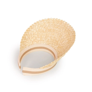 Detail view of woven straw texture and stylish striped headband on the beige sun visor