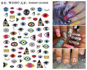 Detailed view of evil eye nail stickers with graffiti art patterns and application examples