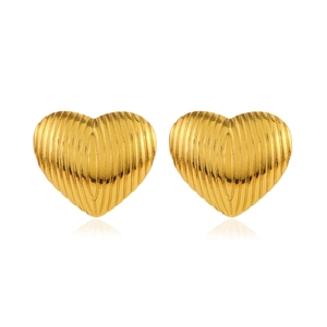 Chic gold heart stud earrings with vertical striped texture and a polished finish
