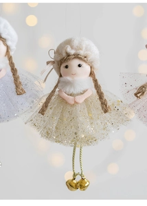 Detail of Christmas angel pendant with knit hat, sequin tulle skirt and metal bells