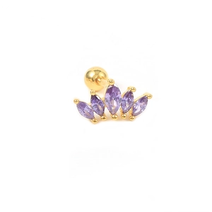 Detailed shot of gold-plated S925 silver crown stud earring with purple marquise stones