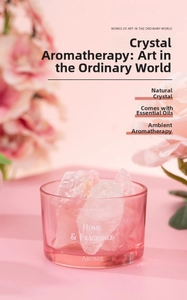 Close-up of natural pink crystal diffuser stones inside a glass jar with flowers