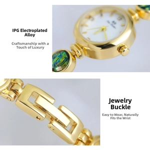 Detail of IPG plated alloy gold watch with jewelry clasp and green malachite stones