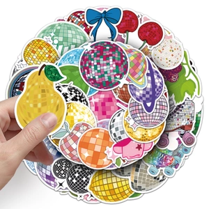 50pcs vibrant disco ball stickers in fruit shapes like pear and cherry on white background