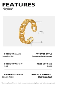 Detailed specs for 18K gold plated chain link ring with 1.8cm adjustable diameter