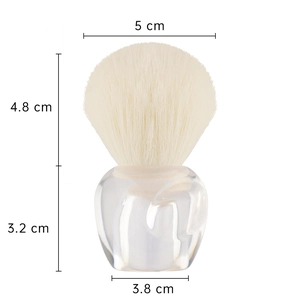 Transparent faceted loose powder brush with soft synthetic bristles and size dimensions