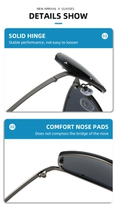 Detail of solid hinges and comfortable nose pads on square metal frame sunglasses