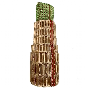 Detailed view of lipstick-shaped clutch featuring green and red rhinestones on gold frame