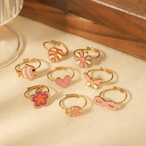 Adjustable Open Rings For Women Pink Enamel Stainless Steel Heart Flower Butterfly Infinity Fish Shape Jewelry Gift