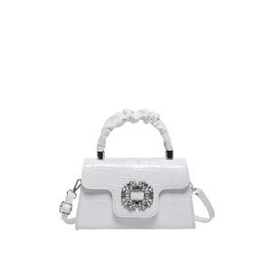 Glossy white crocodile pattern handbag with crystal buckle and pleated handle