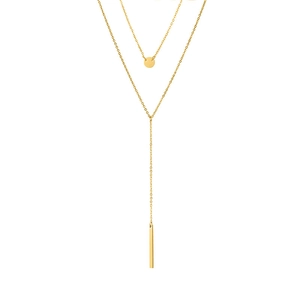 Minimalist double-layered gold stainless steel Y-necklace with round and bar pendants