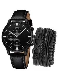 Close-up of black leather multi-function sports watch and braided bracelet set for men