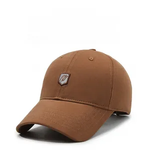 Brown breathable twill cotton baseball cap with embroidered shield logo patch