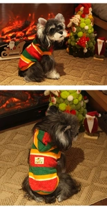 Detail of Christmas striped pet hoodie with CUTE patch on a soft knit fabric texture
