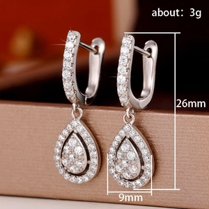 Elegant silver teardrop earrings with white AAA zircon stones, size 26mm by 9mm