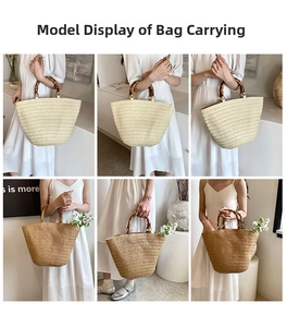 Detail of woven straw tote bags with bamboo handles in beige and brown displayed by a model
