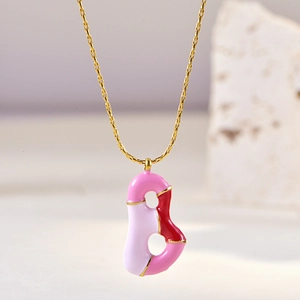 Fashionable golden letter B necklace with pink and white enamel candy colors pendant