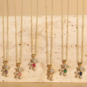 Luxury Bear Pendant Necklace Copper Zircon Micro Pave Colorful Oval Gemstone Clavicle Chain Elegant Jewelry Women
