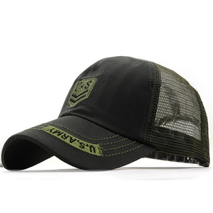 Detail of army green baseball cap showing breathable mesh and U.S. ARMY embroidery