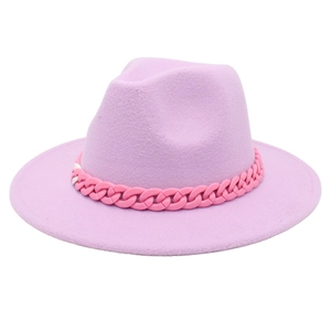 Detail of light purple fedora hat with a decorative pink acrylic chunky chain link