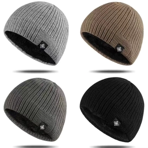 Detail showing four colors of knit beanies with thick warm fleece lining and snowflake tags