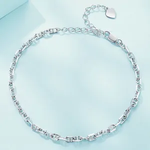 S925 sterling silver 3mm anchor chain bracelet with heart pendant on blue background