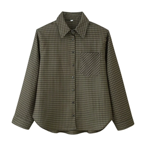 Women's classic plaid long sleeve shirt with front pocket on white background