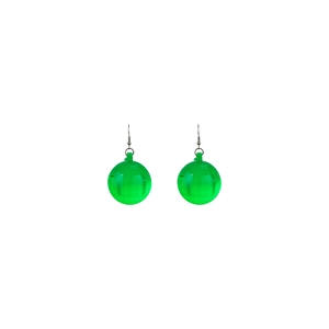 Detail of green disco ball earrings with reflective plastic surface and metal hooks