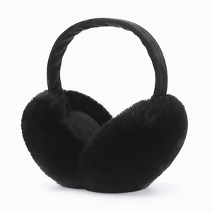 Foldable black plush earmuffs for women with soft faux fur texture for winter warmth