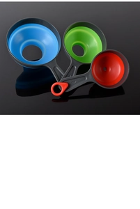 Three-piece set of collapsible silicone funnels in blue, green, and red on black background